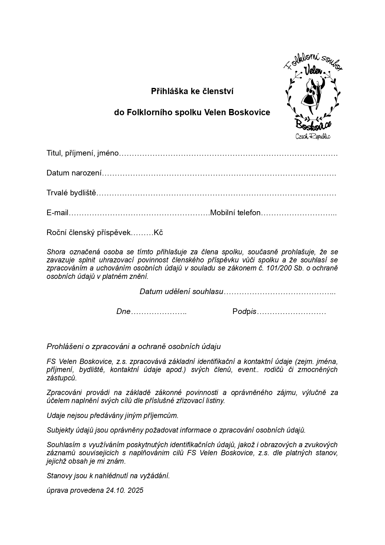 Přihláška do spolku